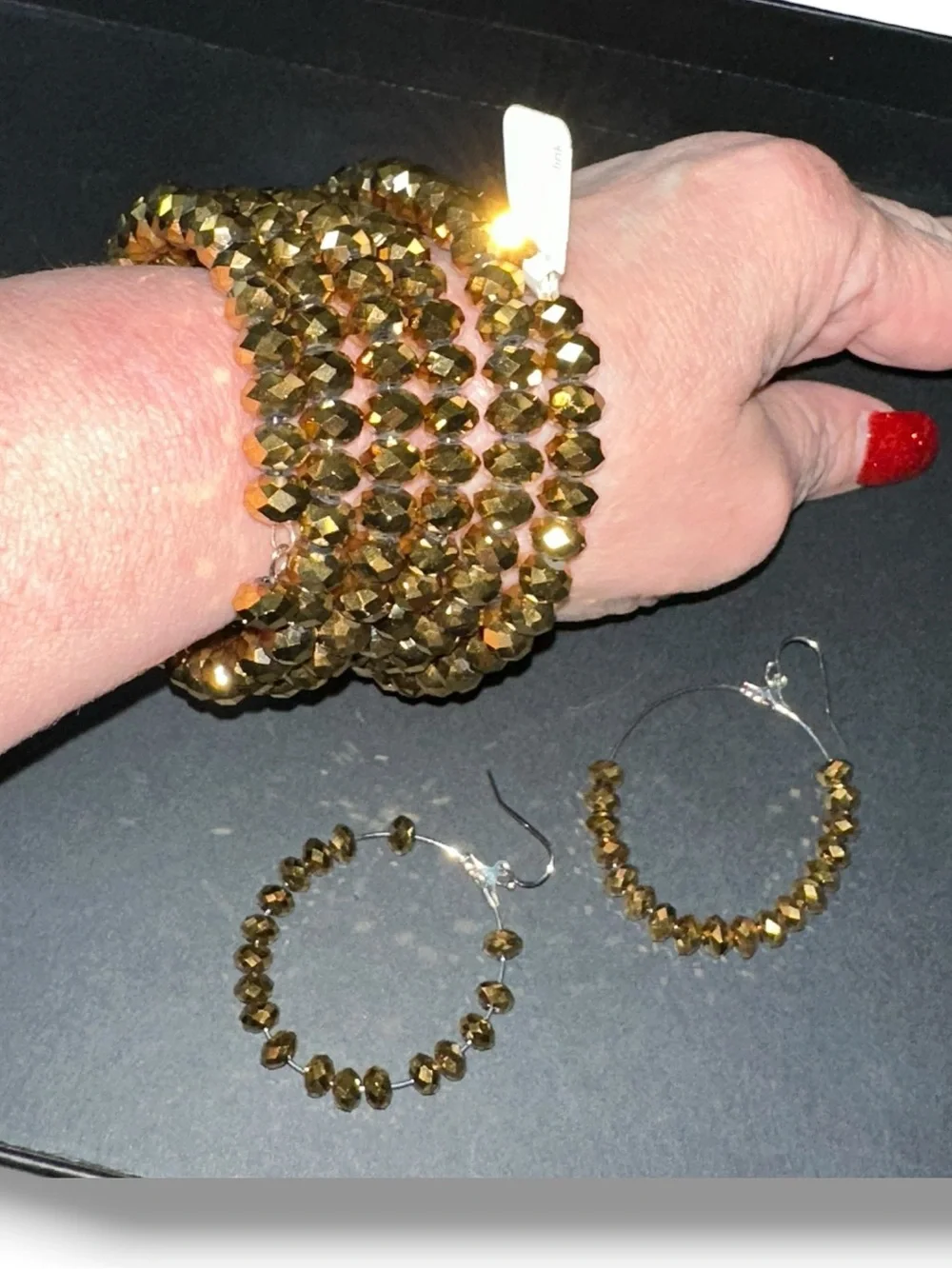 Gold Faceted Bead Stretch Coil Bracelet & Hoop Earring Set - Women Jewelry